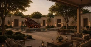 The Zora wedding venue entrance with ornate stone sculptures and red carpet