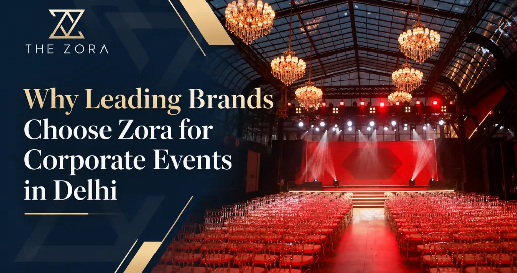 The Zora corporate event venue in Delhi with an elegant stage and seating.