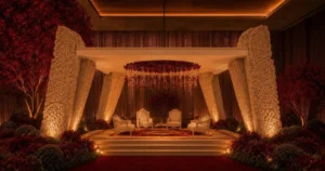Zora Estate mandap with ornate pillars, floral decor, and warm lighting